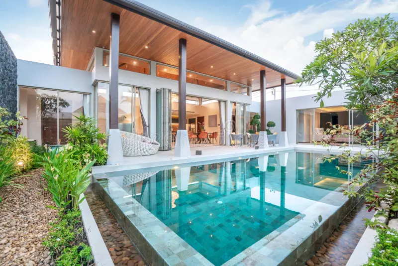 home house building exterior interior design showing tropical pool villa green garden 146979093